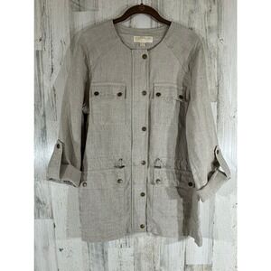 Michael‎ Kors Chore Jacket Sz10 Khaki Tan 100% Linen Pockets Button Zip Roll Tab
